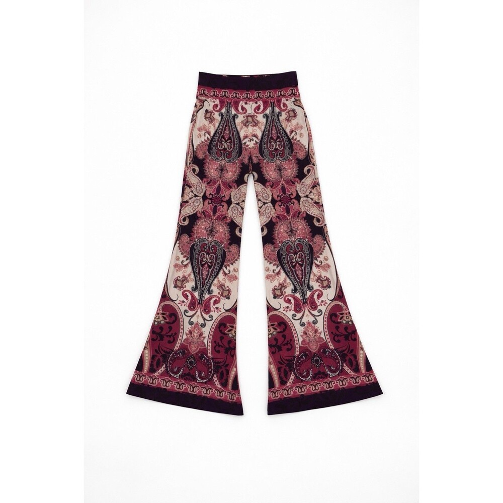 Paisley Flare Pants Silky Boho 70s High Rise Side Zip Festival Pants Size 6 - Picture 8 of 8